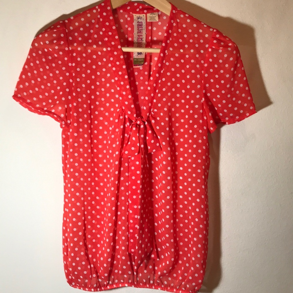 Coral polka dot Fresh Brewed blouse.